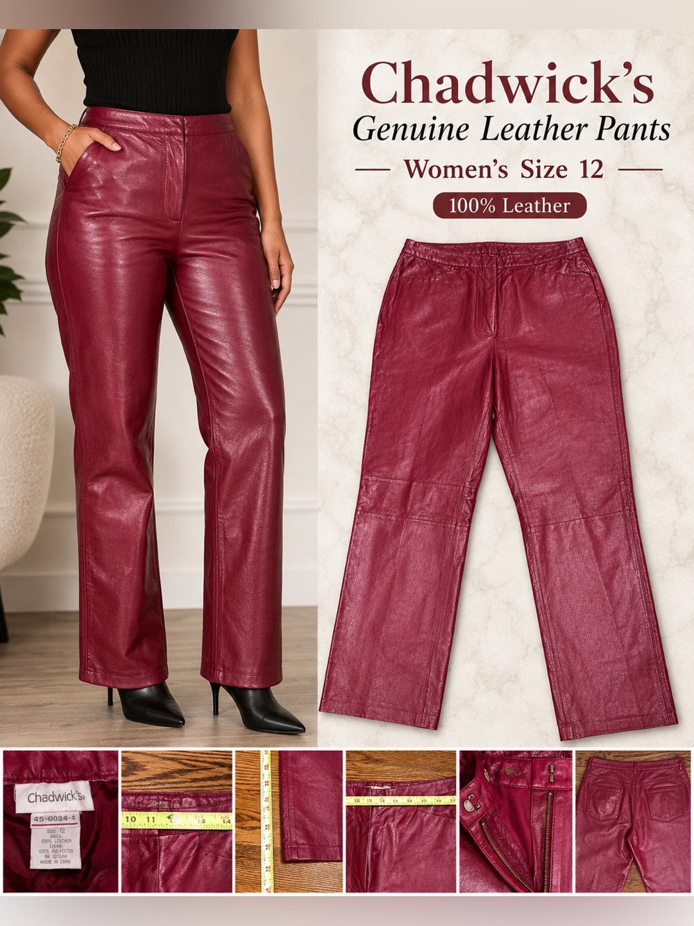 Chadwick’s Genuine Leather Pants Women’s Size 12 Burgundy Red Straight Leg